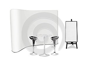 Trade show backdrop display, round clear glass counter bar table, high swivel chairs, lcd monitor stand. Tradeshow booth mockup photo