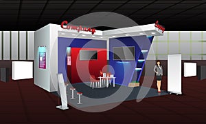 Exhibition stand display design with info board, roll up. Vector Trade booth template with Display Mock-up and corporate