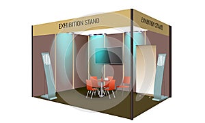 Exhibition stand display design with table and chair, info board. Commercial exhibition Booth template for Corporate