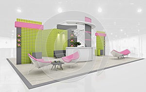 Exhibition Stand in Green and Pink colors 3d Rendering photo