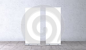 Exhibition stand roll-up banners, screen for you design. Empty rollup banners stand.