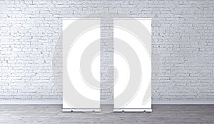 Exhibition stand roll-up banners, screen for you design. Empty rollup banners stand.