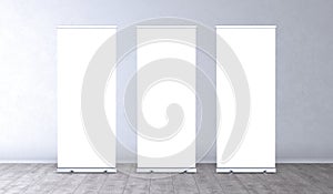 Exhibition stand roll-up banners, screen for you design. Empty rollup banners stand.