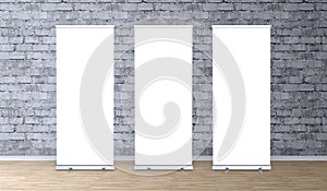 Exhibition stand roll-up banners, screen for you design. Empty rollup banners stand. photo