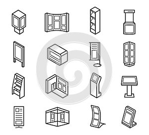 Exhibition stands, gallery furniture linear icons set