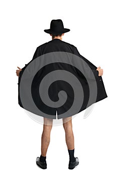 Exhibitionist exposing naked body under coat isolated on white, back view