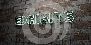 EXHIBITS - Glowing Neon Sign on stonework wall - 3D rendered royalty free stock illustration
