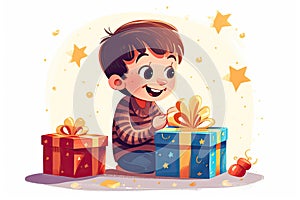 An exhilarated birthday boy unwraps a large present box, on white background