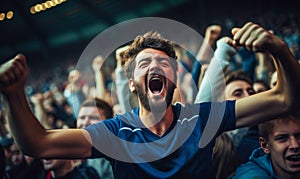 Exhilarated crowd of football soccer fans cheering passionately in a stadium, expressing intense emotion and support during a