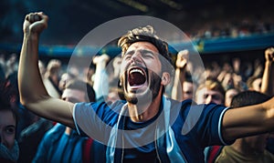 Exhilarated crowd of football soccer fans cheering passionately in a stadium, expressing intense emotion and support during a