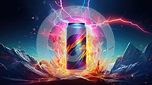 An exhilarating depiction of an energy drink, vibrant and electrifying, bursting with energy symbols like lightning