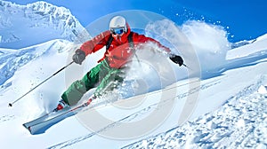 Exhilarating down hill ski adventure on snowy slopes. Skier in action, bright sunny day. Capturing the thrill of winter