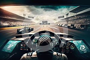 Exhilarating Race Track View: Driver\'s Perspective with Massive Stands on Both Sides. AI