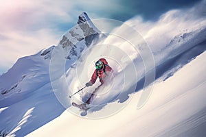 Exhilarating Skier mountains snow fun. Generate Ai