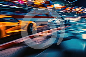 An exhilarating snapshot capturing two cars racing on a race track in a fast-paced, adrenaline-fueled moment, A dramatic slow