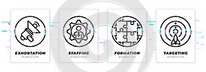 Exhortation, stuffing, formation, targeting. Business theme glitched black icons set.