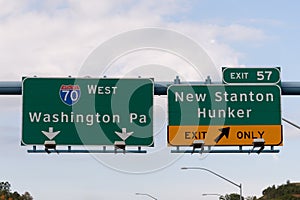Exit 57 sign for New Stanton and Hunker, Pennsylvania