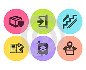 Exit, Cogwheel and Stairs icons set. Engineering documentation, Delivery insurance and Package location signs. Vector