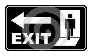 Exit door indication sign with a silhouette of person, directional arrow and text. Black background.