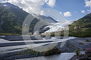 Exit Glacier and mountains near Seward Alaska on a sunny afternoon photo