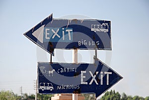 Exit, handmade information signs in Edfu, Egypt