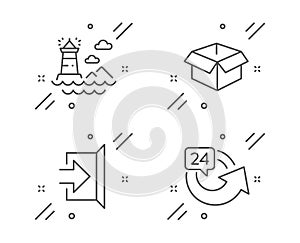 Exit, Lighthouse and Opened box icons set. 24 hours sign. Escape, Navigation beacon, Shipping parcel. Repeat. Vector