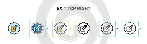 Exit top right vector icon in 6 different modern styles. Black, two colored exit top right icons designed in filled, outline, line