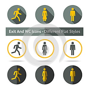 Exit and WC icons set. In different flat styles