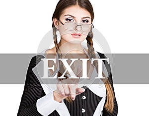 Exit written on virtual screen. secretary in a business suit with glasses, presses button on virtual screens