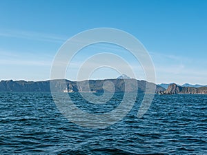 Exit on a yacht to the Avacha Bay of the Pacific Ocean. Kamchatka Peninsula, Russia