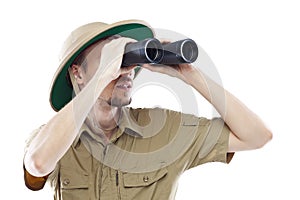 Exited explorer looking through binoculars