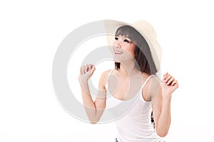 Exited, happy, smiling woman looking up, isolated white