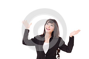 Exited, surprised business woman looking up