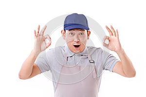 Exited worker, employer with ok hand gesture on both hands
