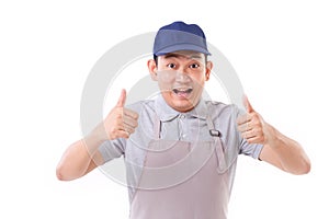 Exited worker, employer with two thumbs up hand gesture