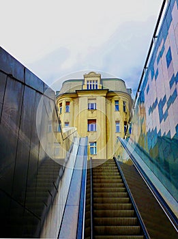 Exiting the Metro station via escalator in Budapest