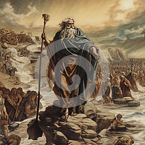 Exodus of the bible, Moses crossing the Red Sea with the Israelites, escape from the Egyptians