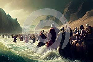Exodus of the bible, Moses crossing the Red Sea with the Israelites, escape from the Egyptians, illustration photo