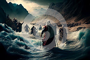 Exodus of the bible, Moses crossing the Red Sea with the Israelites, escape from the Egyptians, illustration, generative AI photo