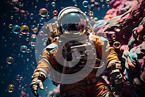 Exoplanet adventure. astronaut in vibrant bubble galaxy - pop art concept for space exploration