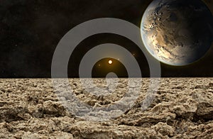 Exoplanet viewed from the rocky surface of its moon photo