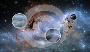 Exoplanets or Extrasolar planets on background nebula photo