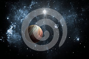Exoplanets or Extrasolar planets with stars on background nebula photo