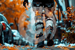 Exoskeleton assisting a person with limited mobility in standing upright and moving, showcasing the empowerment and
