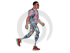 Exoskeleton for the disabled. african man legless veteran walks. rehabilitation treatment recovery. science and photo
