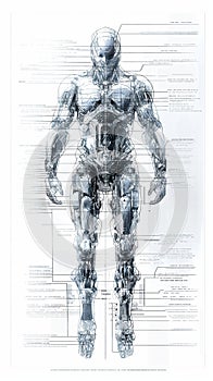Exoskeleton mobility suit for human front view military schematic diagrammatic drawing blueprint photo