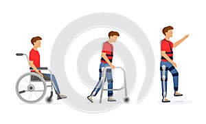 Exoskeleton rehabilitation. Evolution of disabled man. Character on wheelchair, stay with crutches, walking with exosuit. Vector photo
