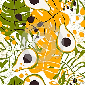 Exotic Abstract Flora and Avocado Fruit in Trendy Seamless Pattern for Wallpapers and Textile Prints in Vector