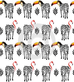 Exotic animals zebra toucan flamingo trendy tropical pattern