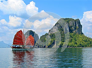 Exotic asian ship with red sails